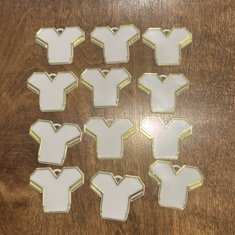 Homecoming White & Gold FOOTBALL  Jersey  charms / trinkets (12) mums & Garters